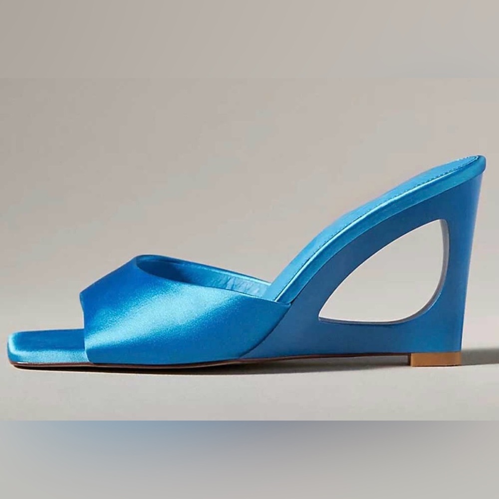 CAVERLEY Ozi Wedge Heels - Blue Satin & Leather Sculptured heeled mules Sz39 NEW